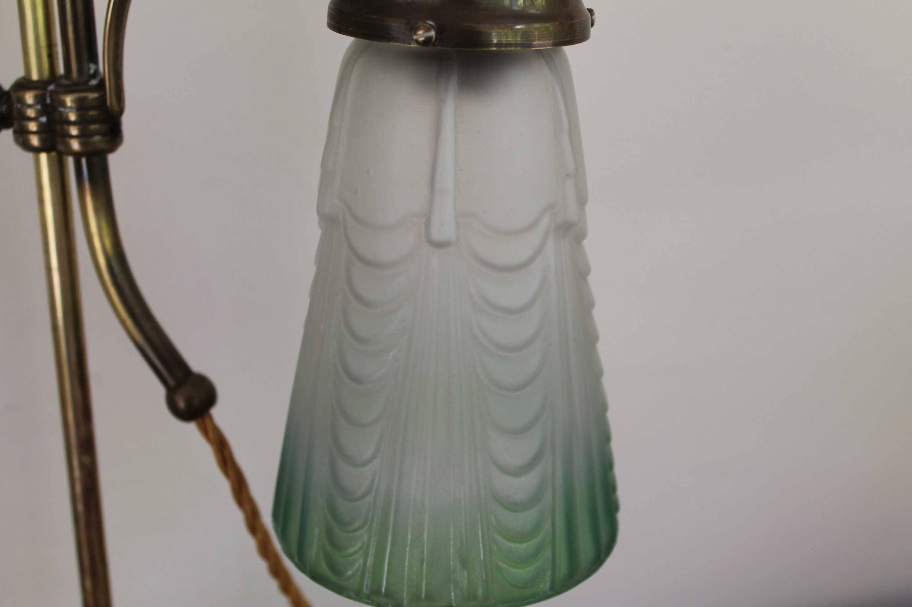 Art Nouveau style brass "rise and fall" table lamps after WAS Benson