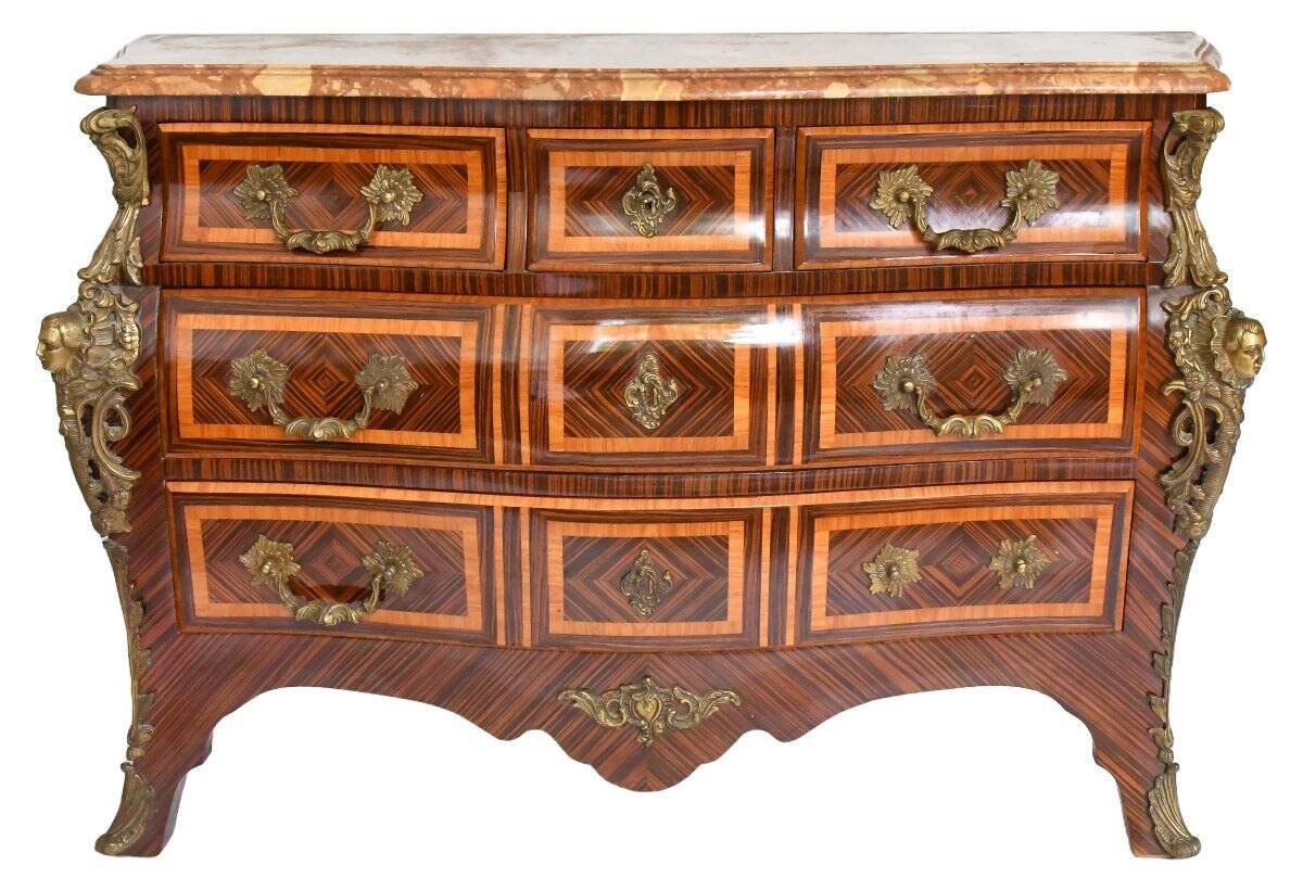 Tomb-shaped commode in Louis XV style with decoration featuring Spanish figures.