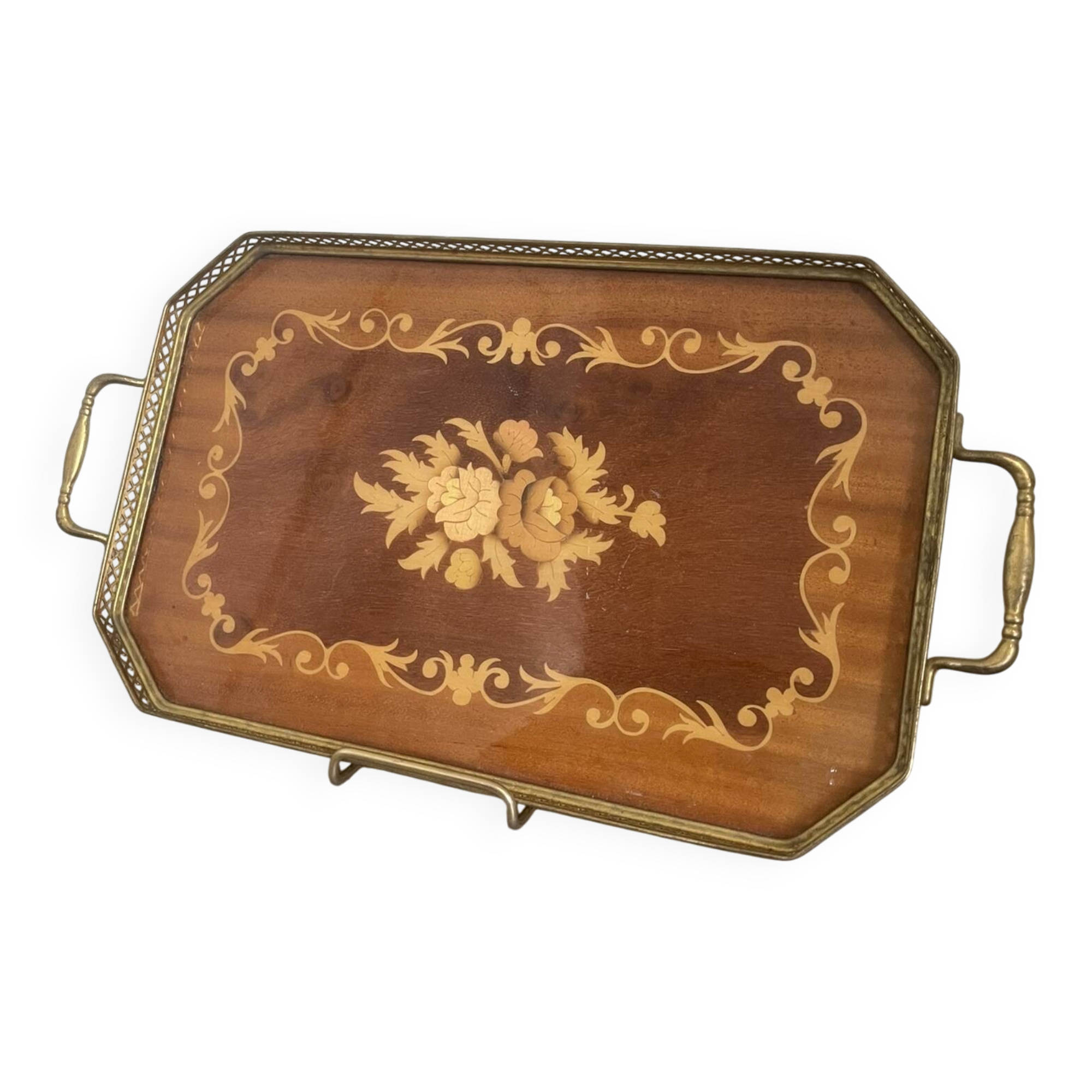 Vintage Italian Sorrento Wood Marquetry Brass Serving Tray 36