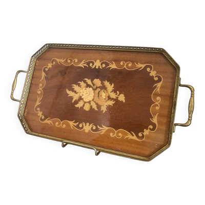 Ancien Plateau Service Bois Marqueterie Laiton Italien SORRENTO Vintage 36