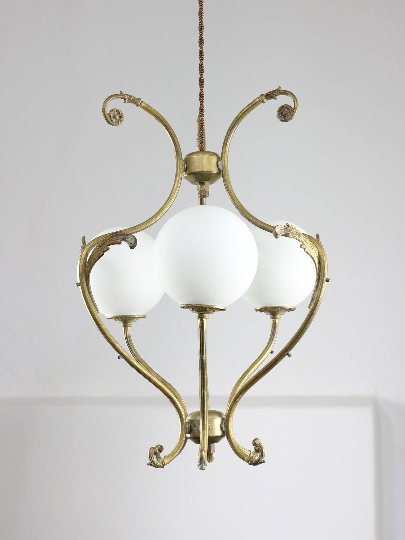 Antique Italian Brass and Opaline Chandelier