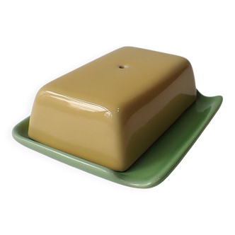 Small vintage ceramic butter dish - green and yellow