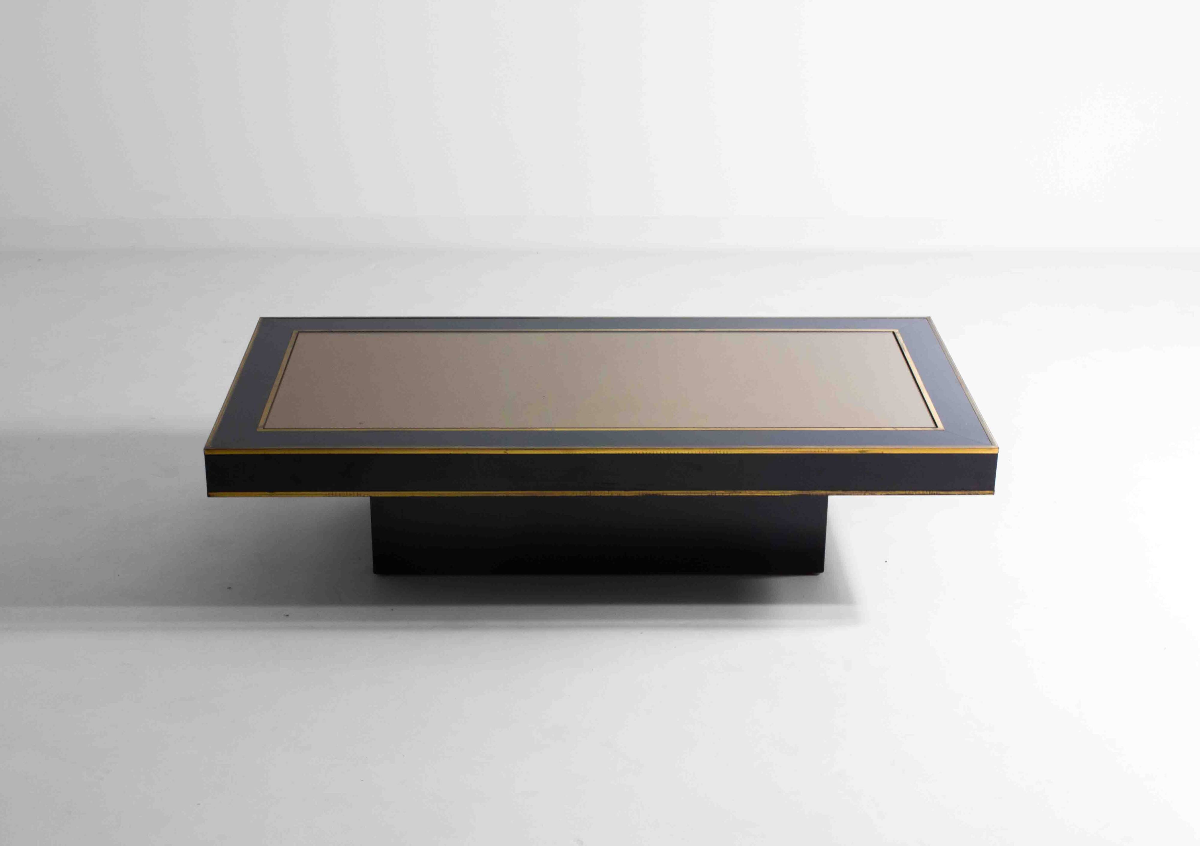 Regency black and brass mirror coffee table, Italy 1980s