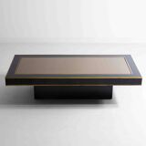 Table basse en bois laminé noir, plateau miroir et laiton, Italie années 1980