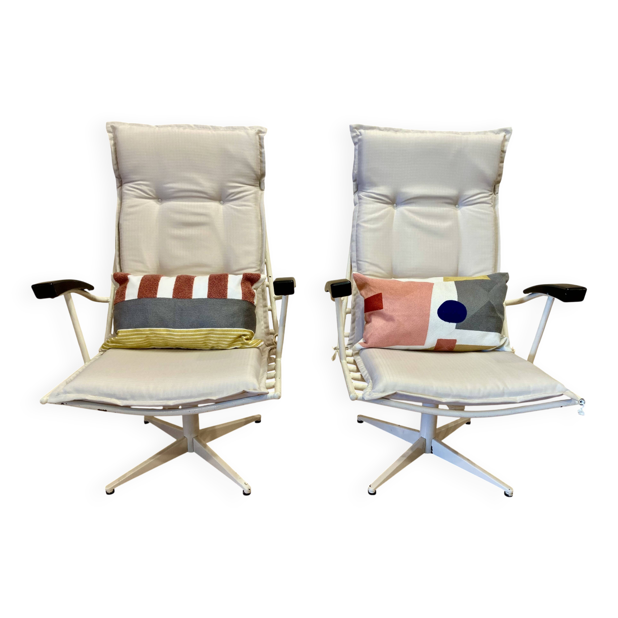 Pair of metal and Bakelite armchairs, 1960s design.