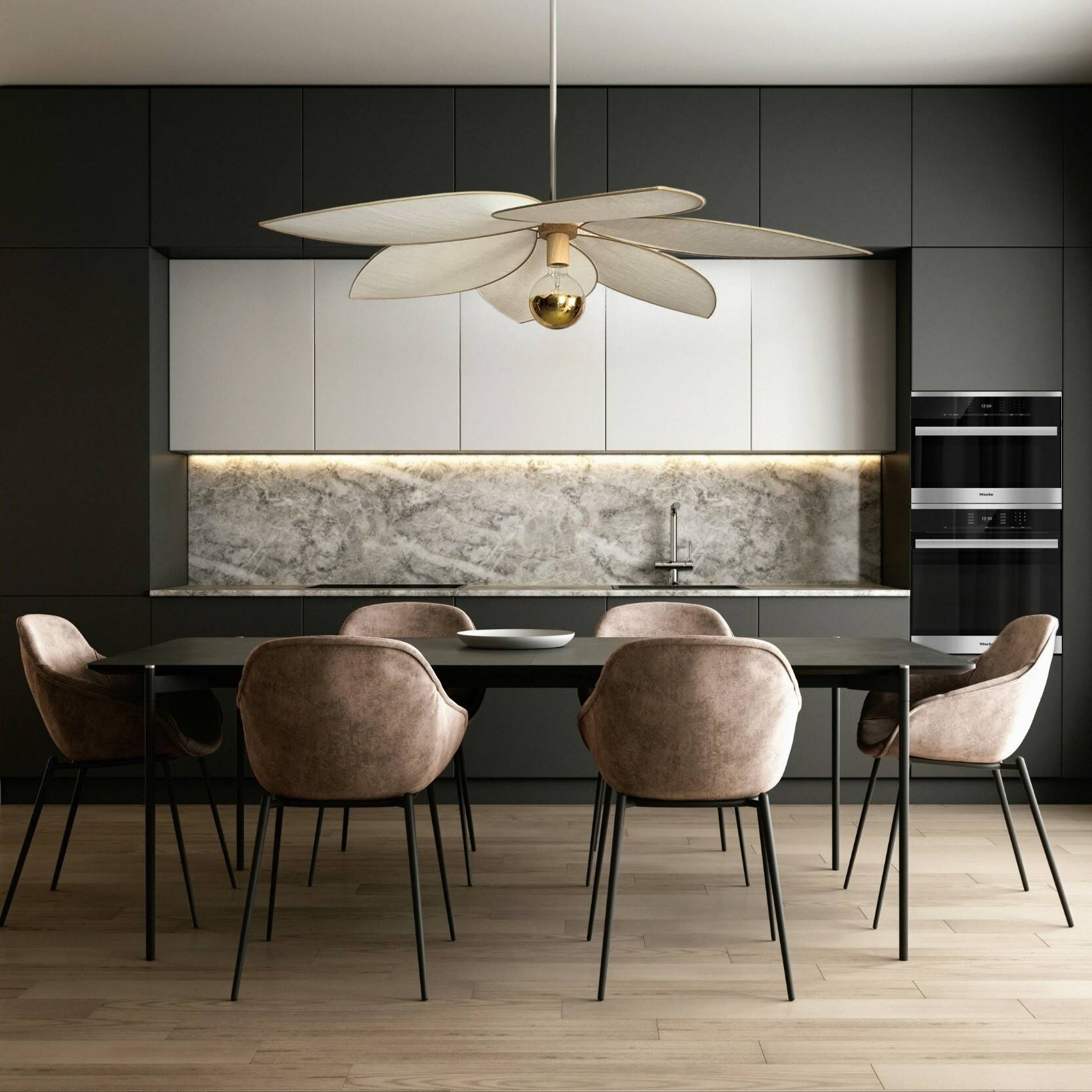 Aerial suspension, 6 petals in metal and white linen