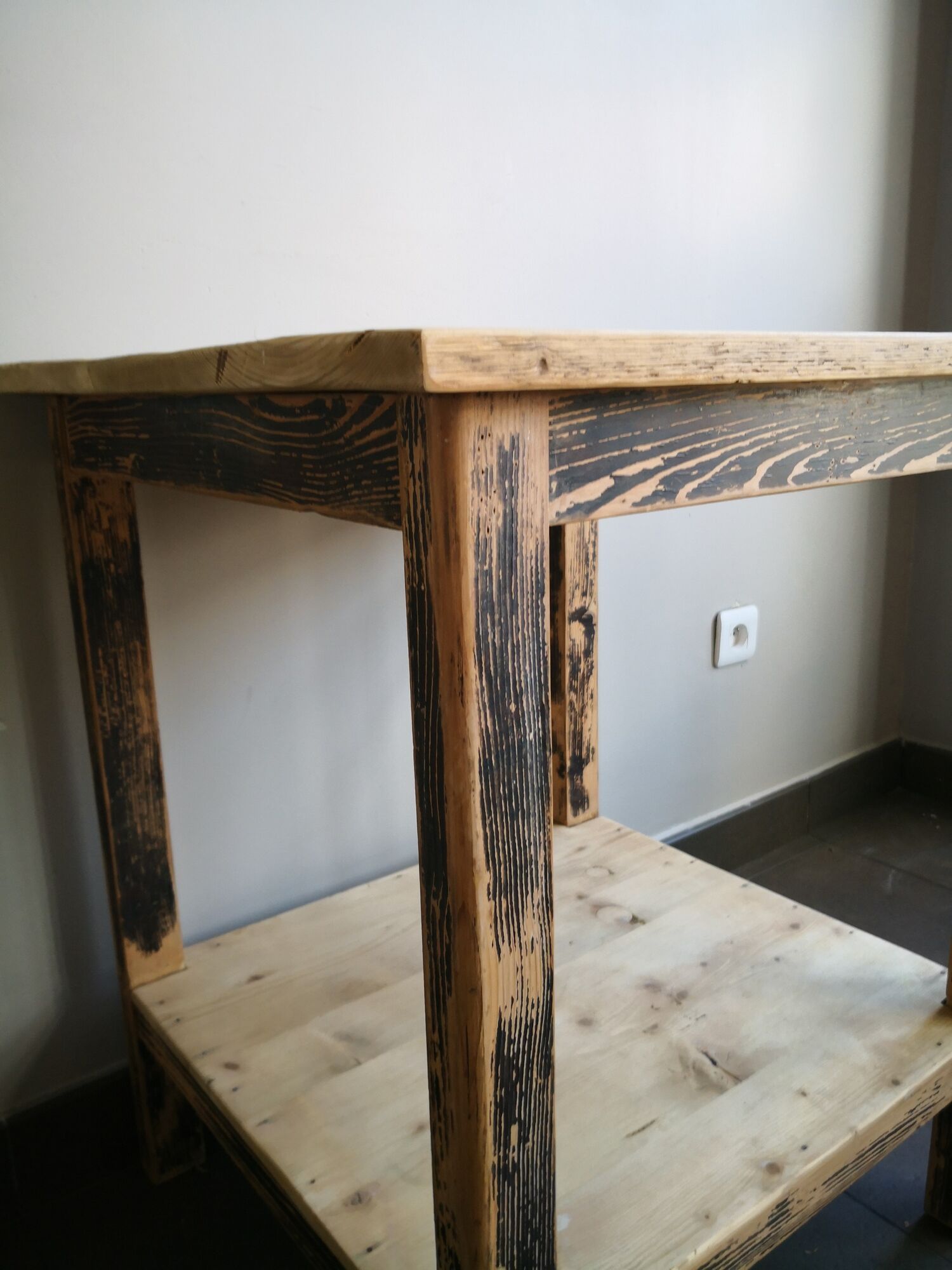 Vintage wooden side table, entrance console, square pedestal table 2 floors.