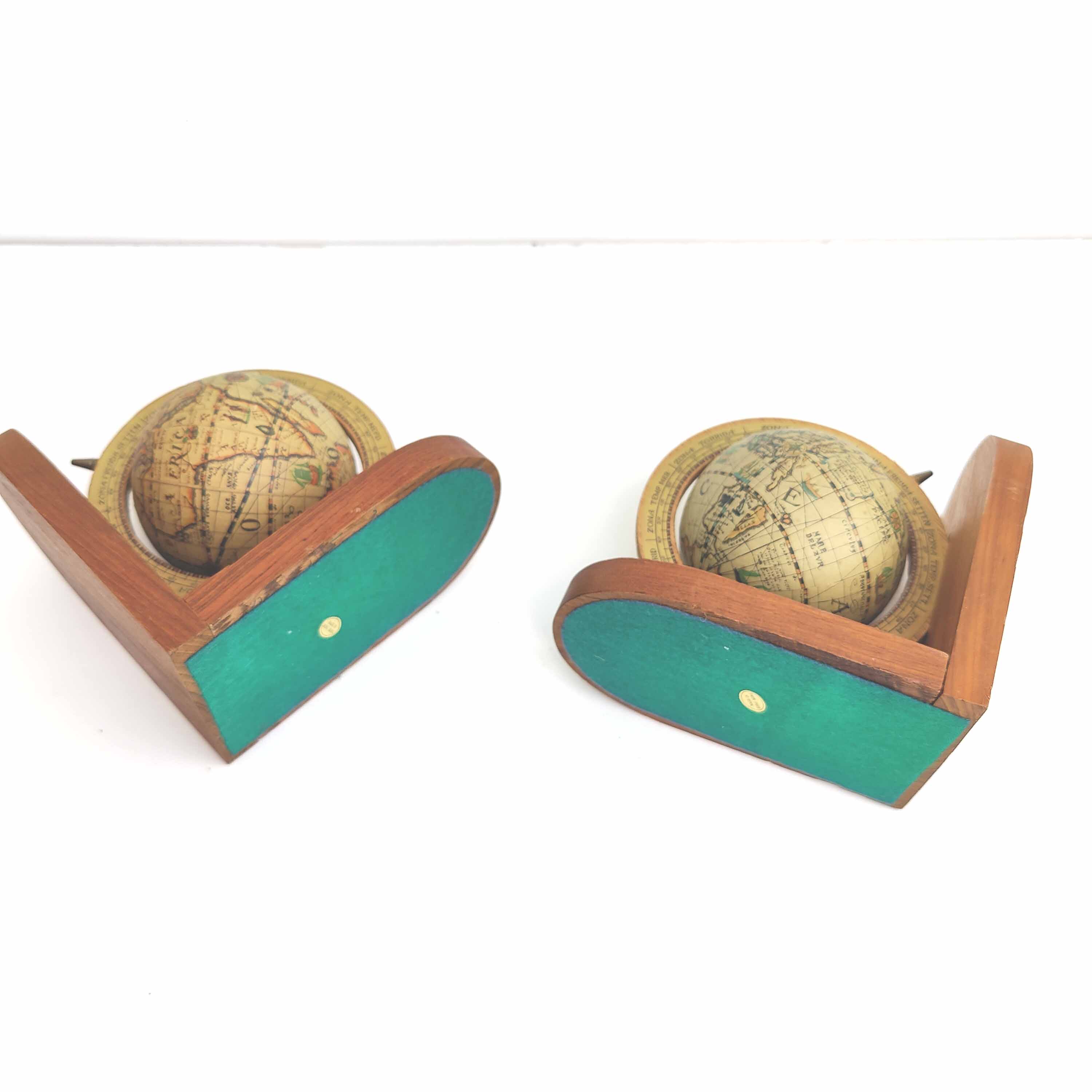 Pair of bookends globe world map wood paper