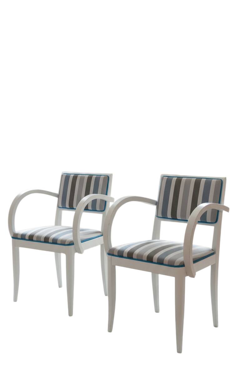 Pair of Vintage Art Deco Style Armchairs - White Wood and Striped Fabric