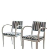 Pair of Vintage Art Deco Style Armchairs - White Wood and Striped Fabric