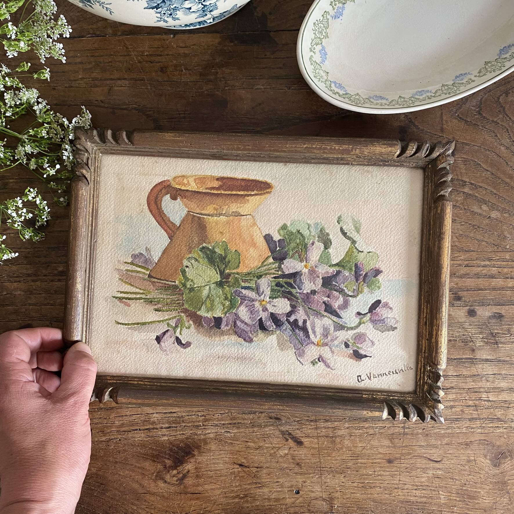 Peinture ancienne bouquet de fleurs, nature morte aquarelle violettes