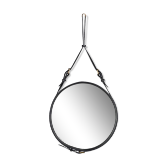 Round mirror in black leather and brass by Jacques Adnet, Gubi contemporary edition