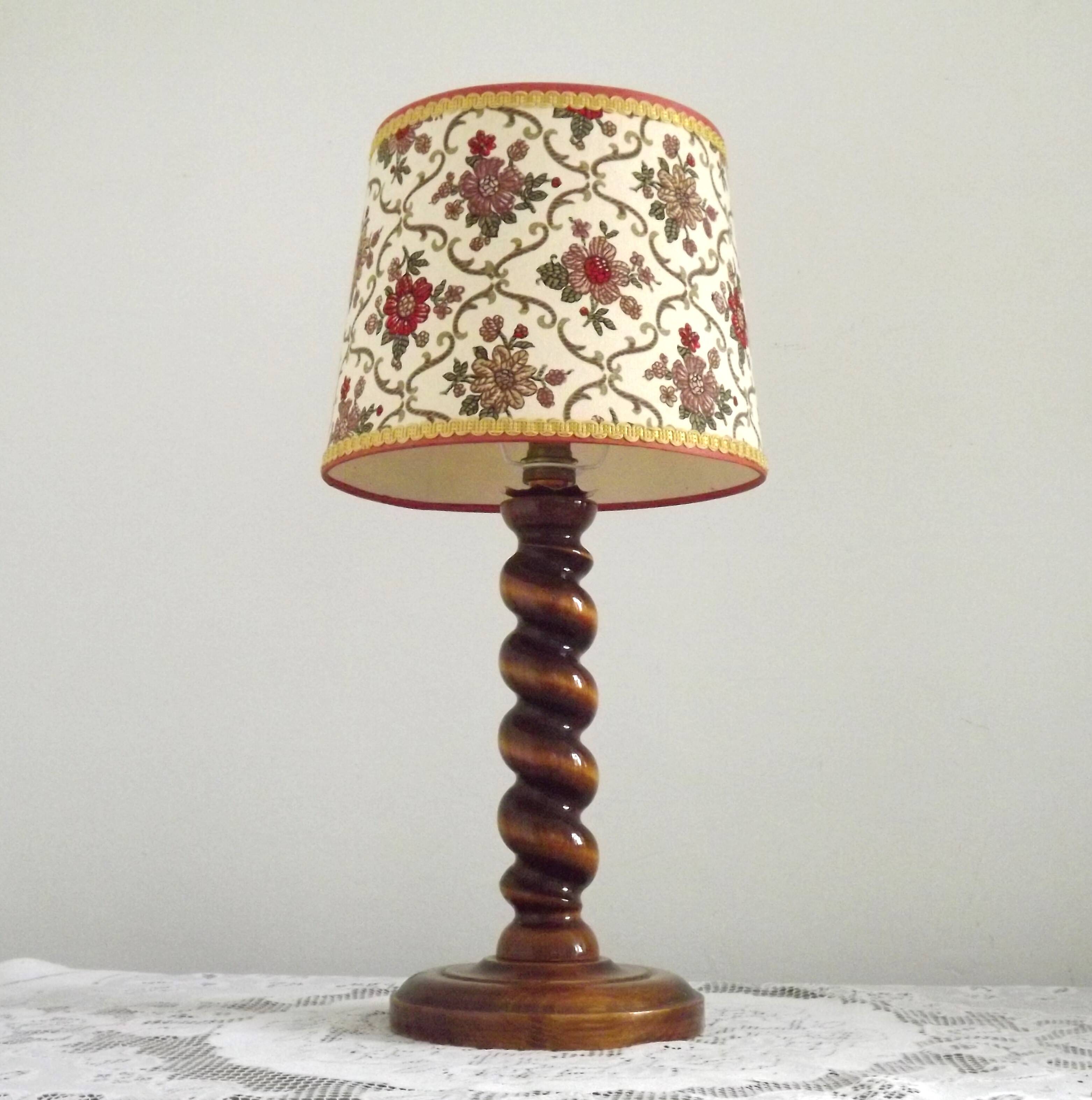 French Vintage Round Wooden Barley Twist Table Lamp With Floral Shade