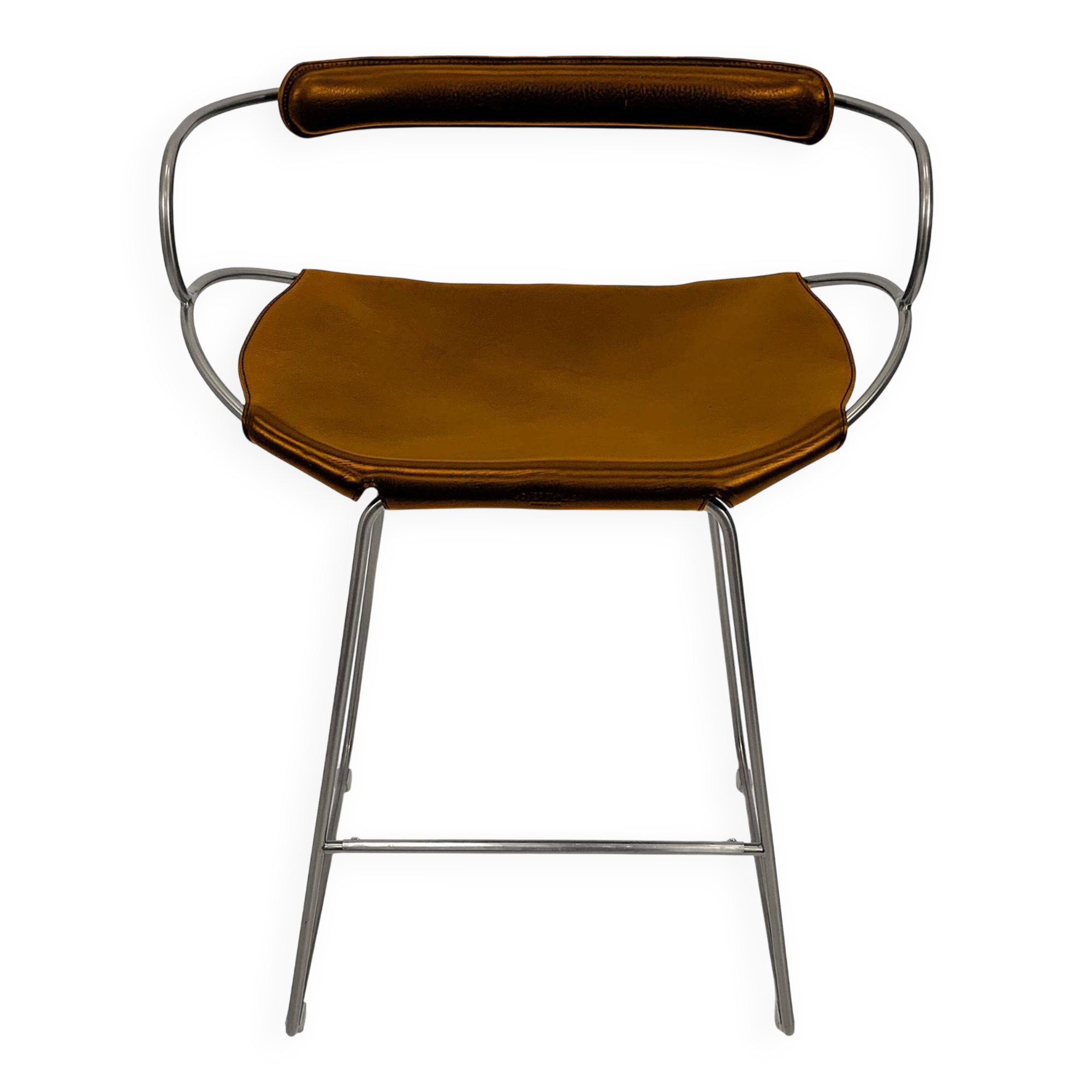 Bar stool with a back, aged silver metal and natural tobacco leather, organic design.