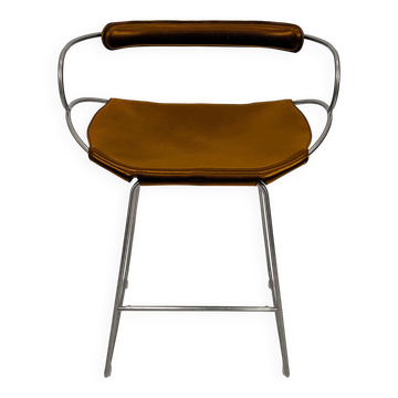 Bar stool with a back, aged silver metal and natural tobacco leather, organic design.