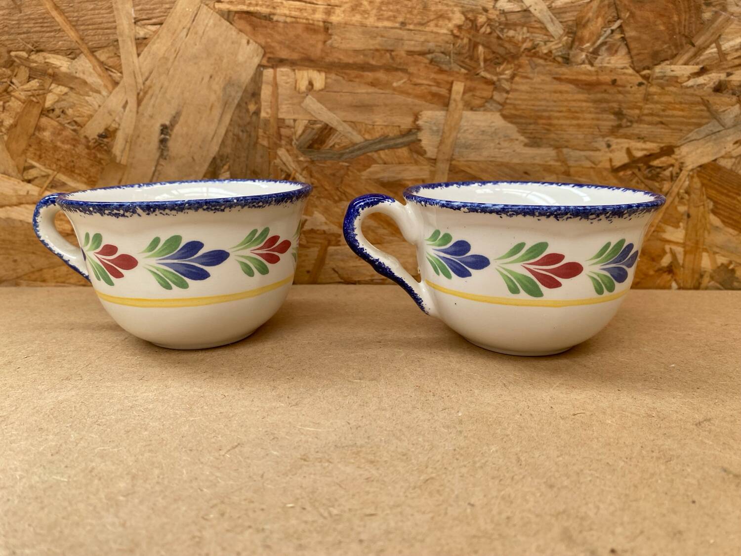 Paire ancienne tasse pornic céramique blanc bleu france vintage #b286