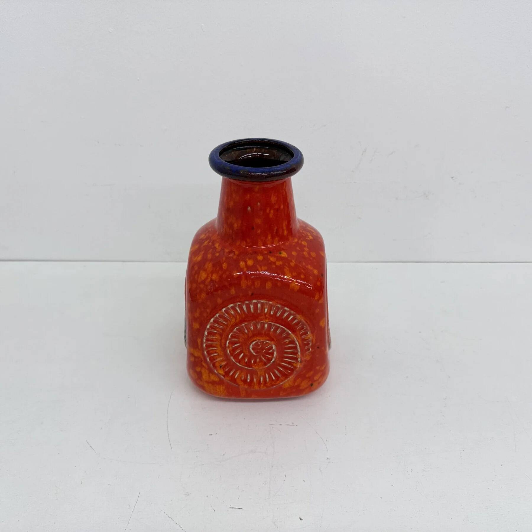 Scheurich West Germany Bay ceramic vase orange with blue fossils, 1970s