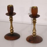 Pair of Scandinavian teak and brass candle holders