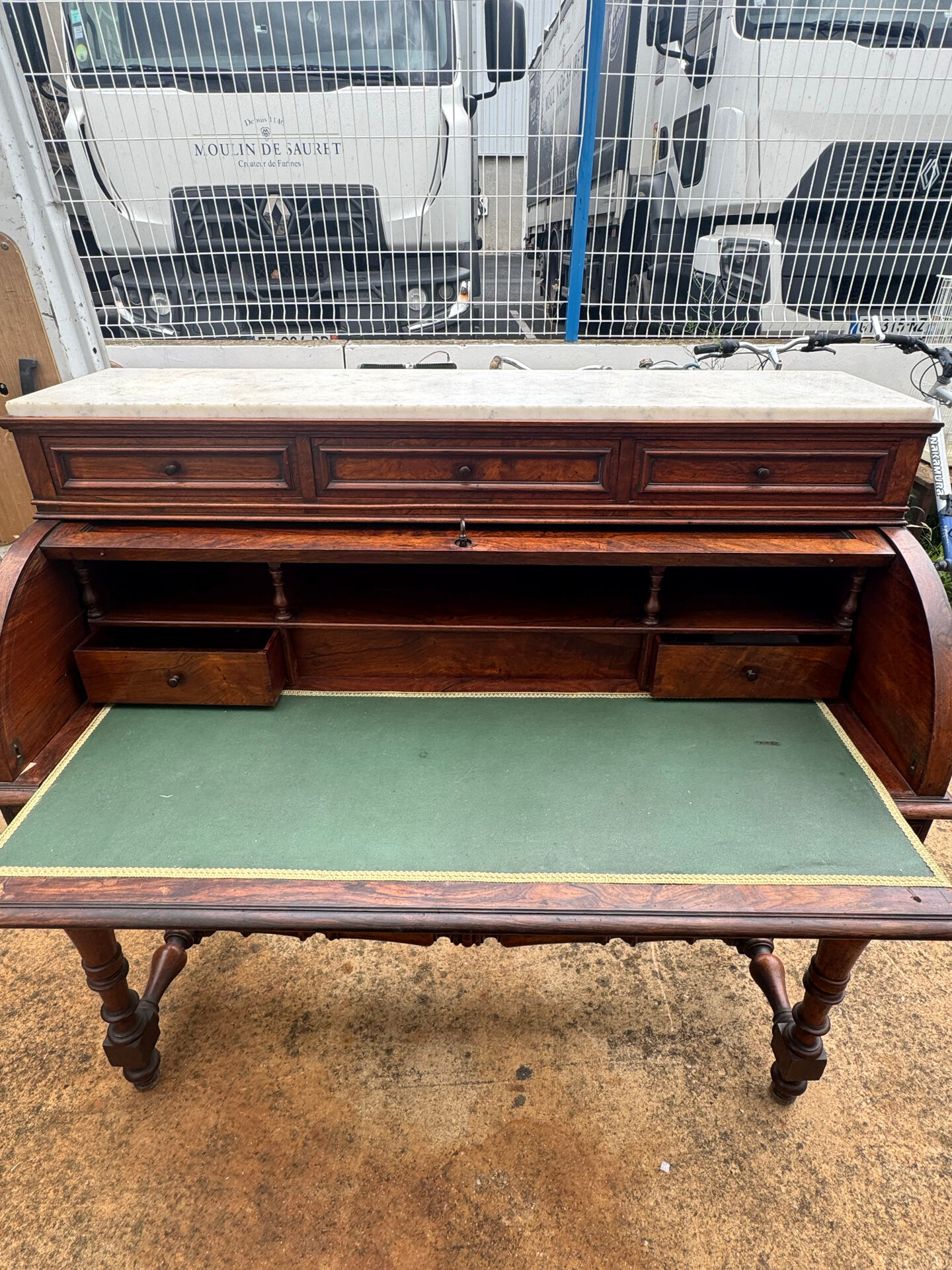 Secretary cylinder Mahogany white marble (Louis XVI style)
