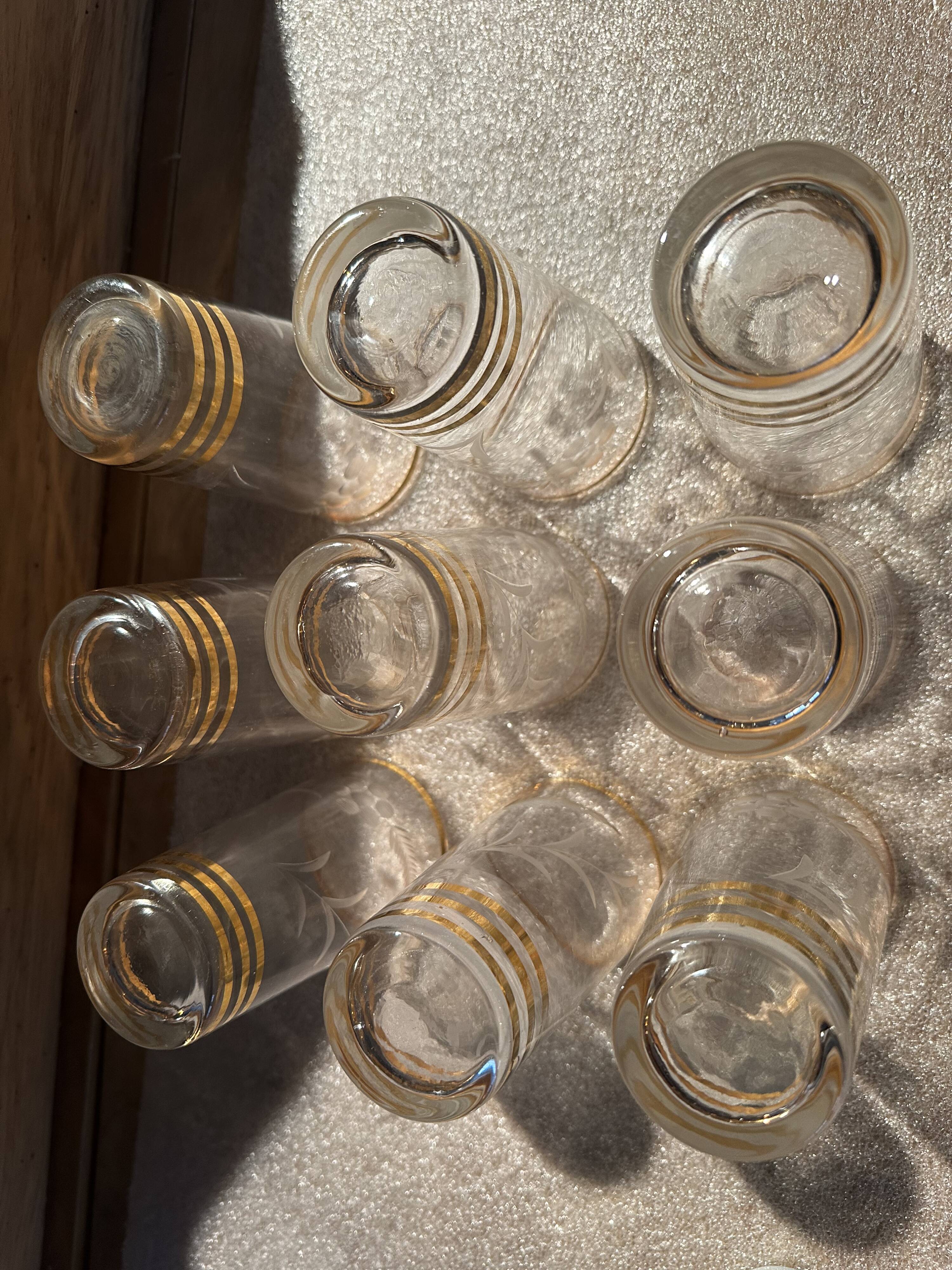 9 art-deco glasses in engraved crystal with gold trim