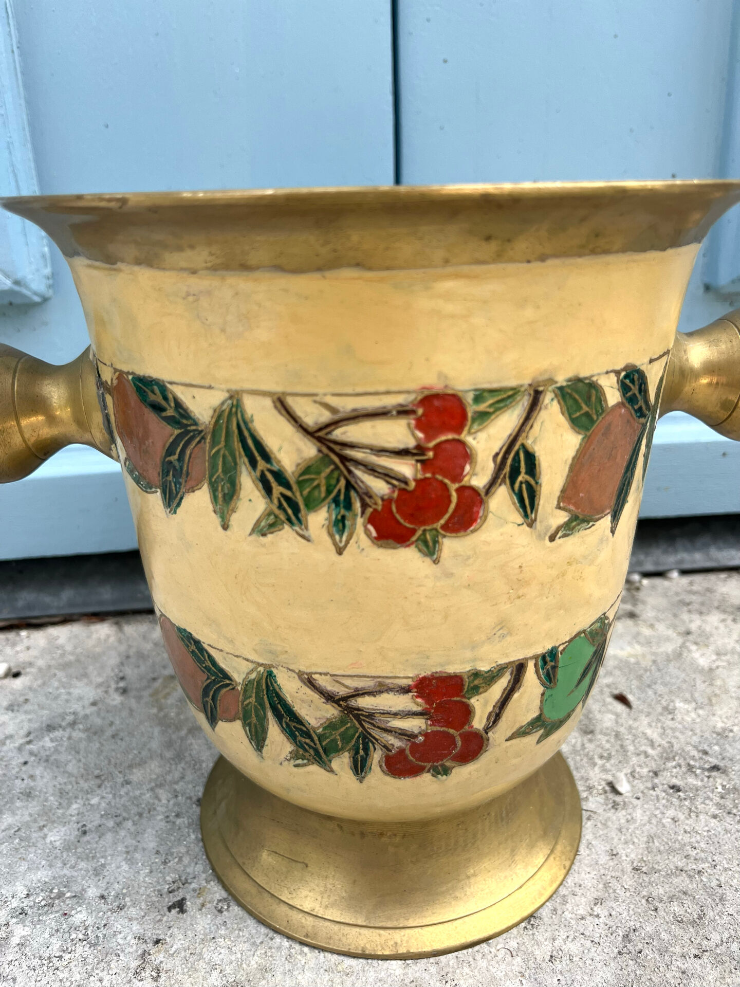 French Brass Cloisonné Style Champagne Bucket with Hand-Painted Fruit