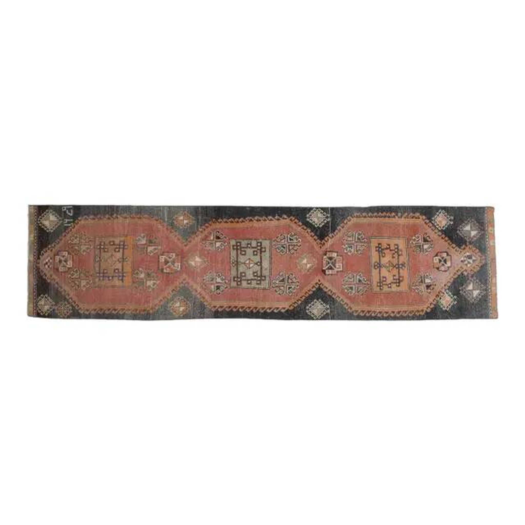 Tapis couloir vintage turc Oushak fait à la main en laine orange 76x374