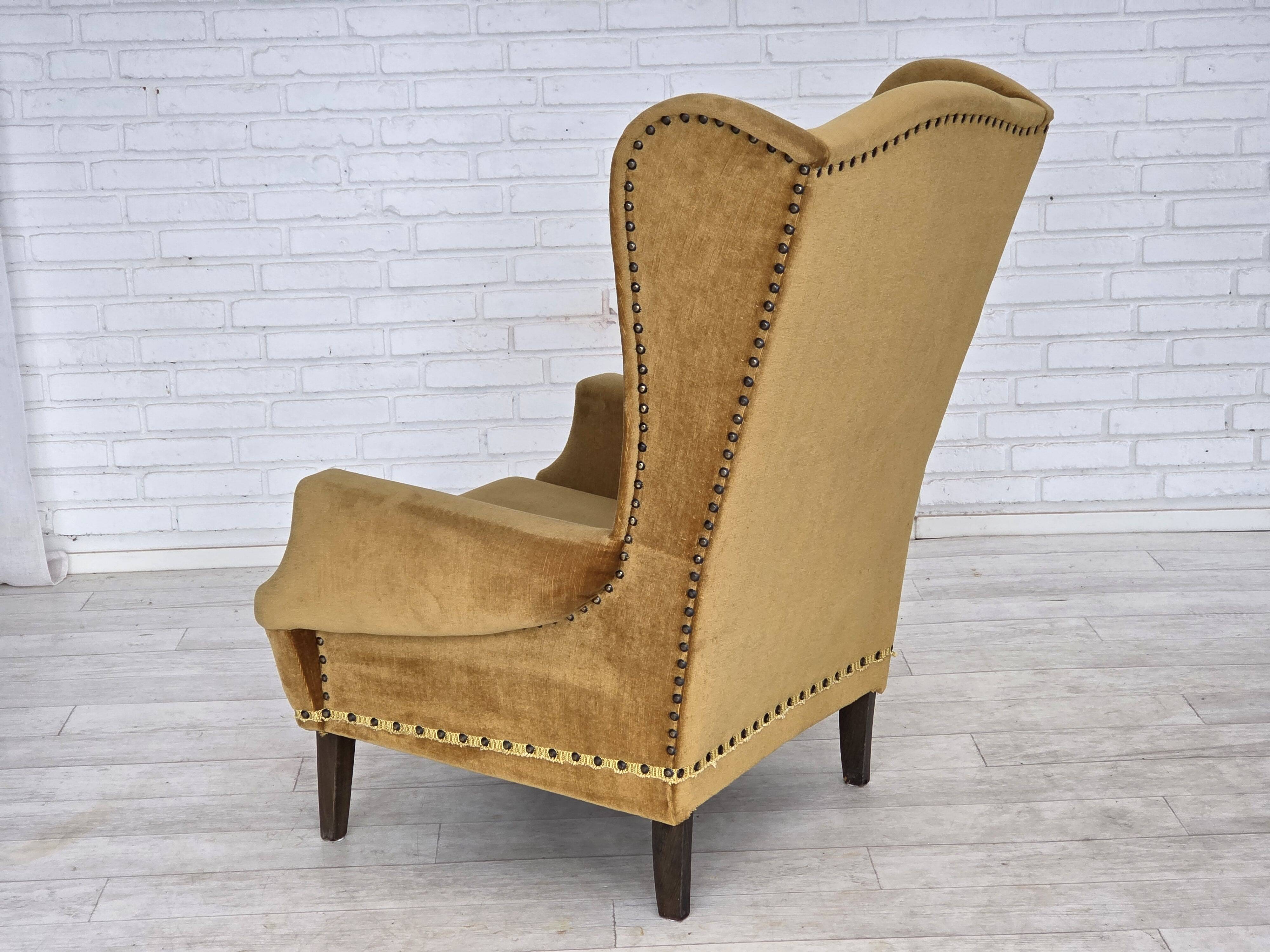 1970s, Danish high back armchair, furniture velour, oak wood legs.