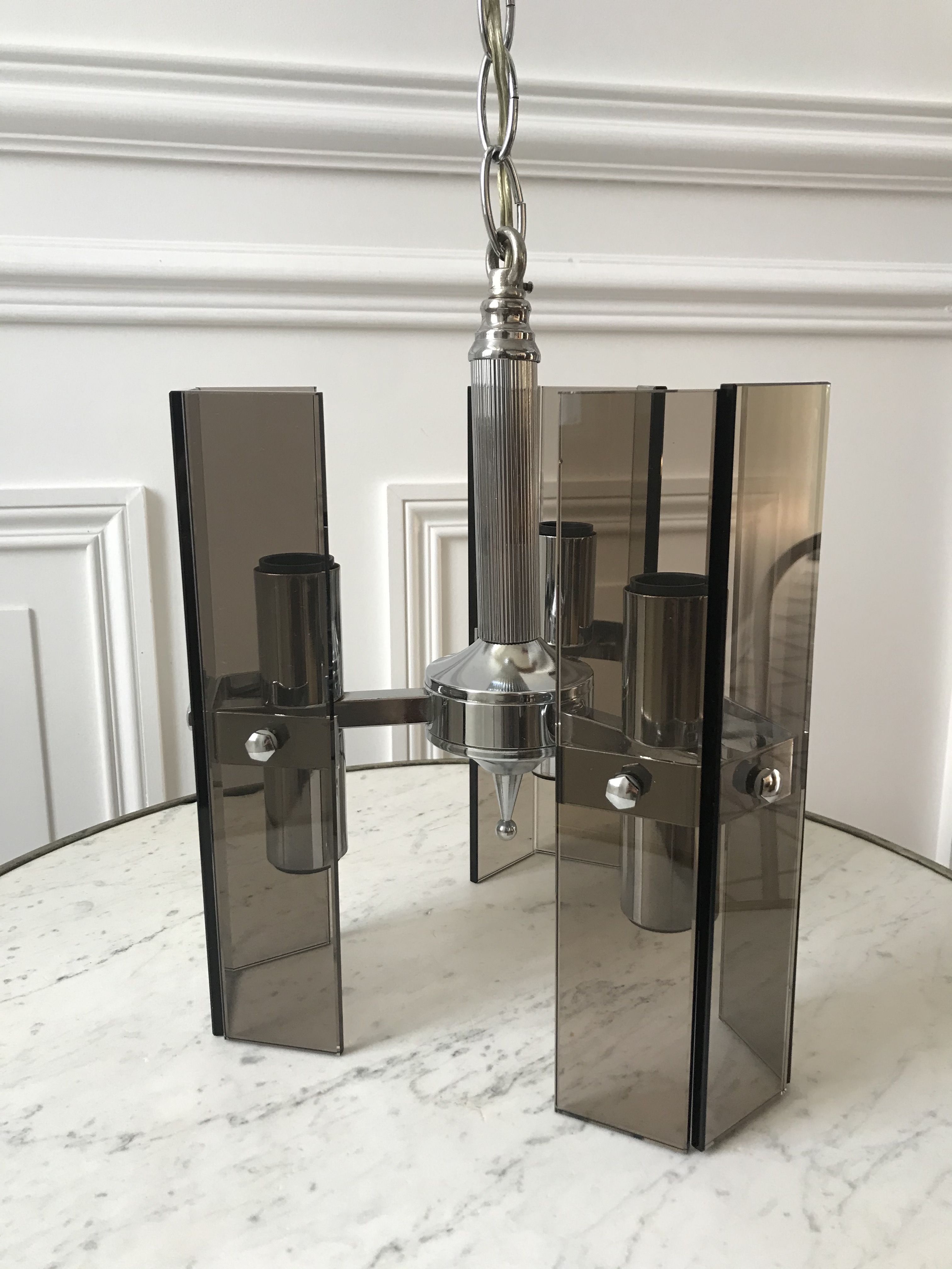 Chrome metal pendant lamp and smoked glass futuristic style 70s