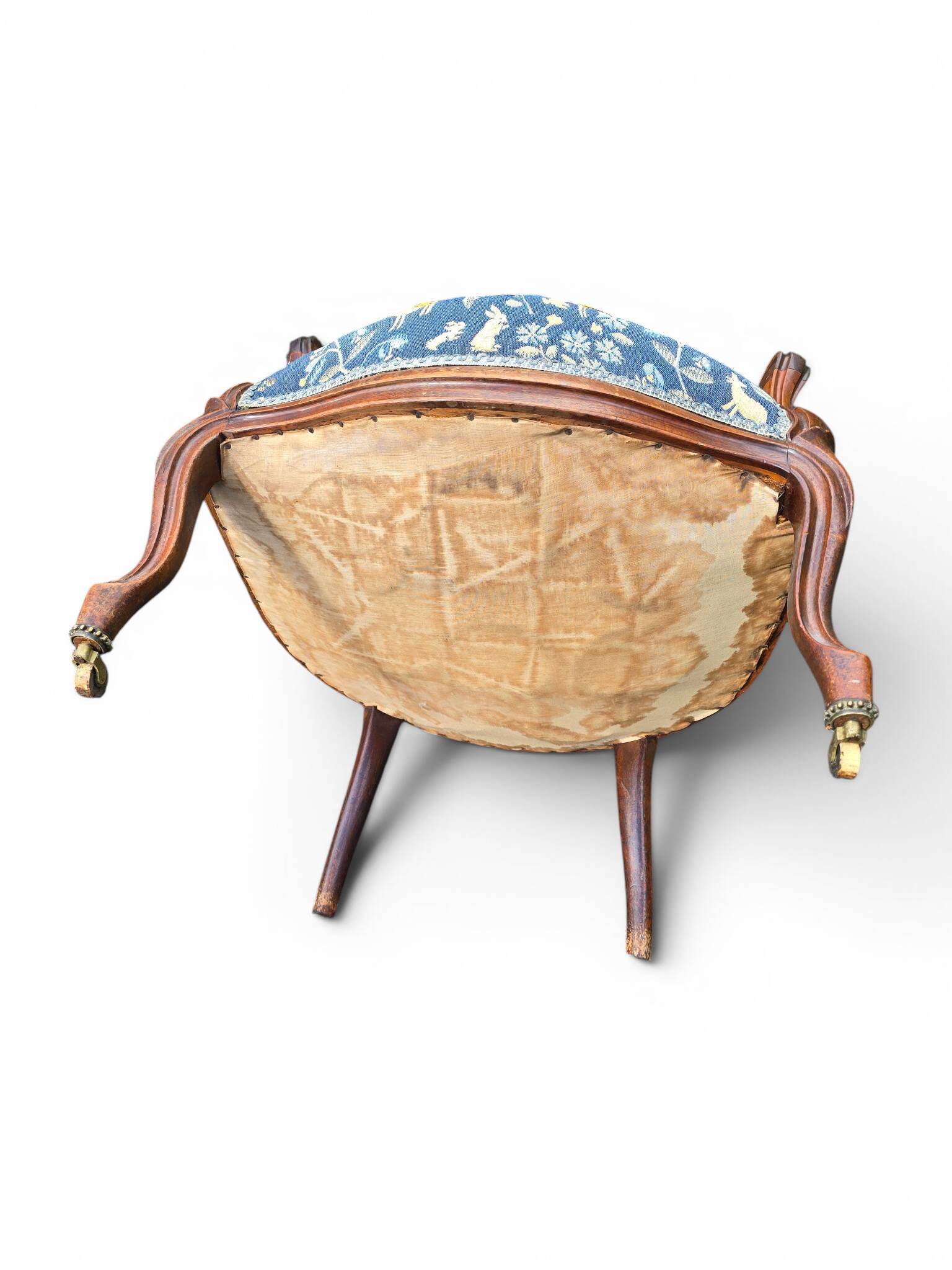 Louis XV cabriolet armchair in wood and animal print blue fabric