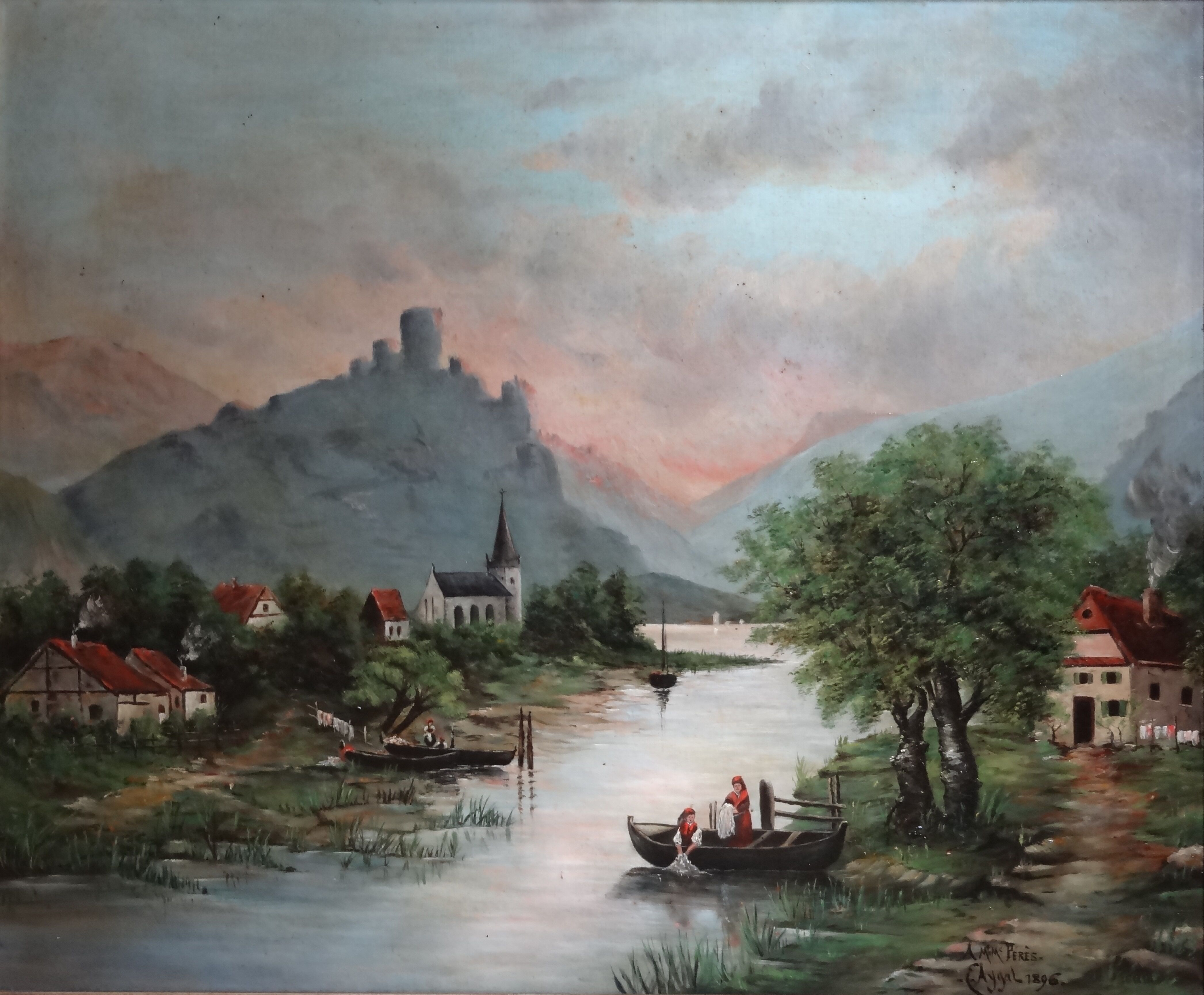 Animated landscape, washerwomen by the river, 81 x 70 cm, Oil on canvas XIXth by E. AYGAL