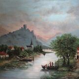 Animated landscape, washerwomen by the river, 81 x 70 cm, Oil on canvas XIXth by E. AYGAL