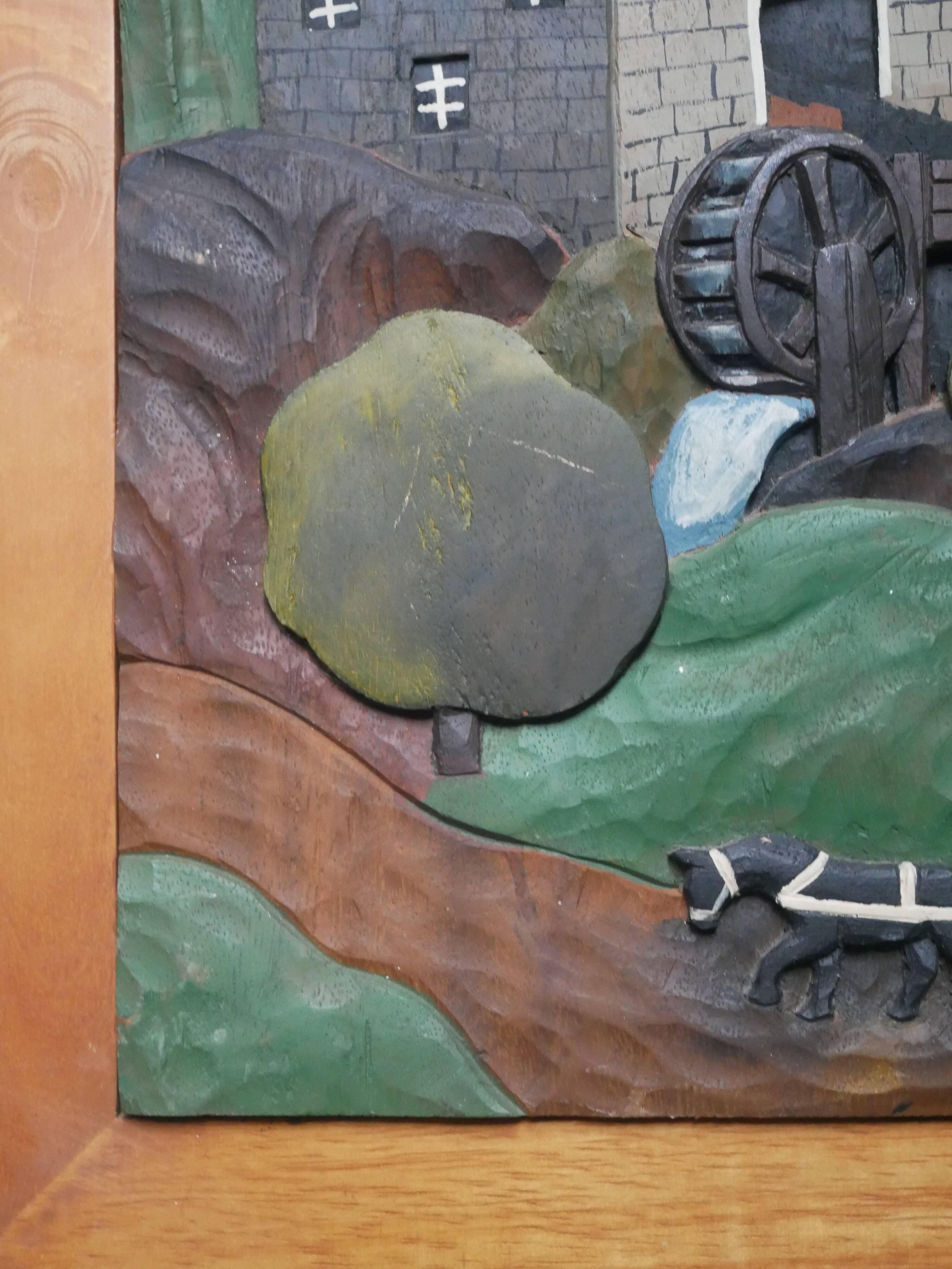 Naïve Art Painting in Handcrafted Wood Decorative Frame for Child Boy Mountain Landscape