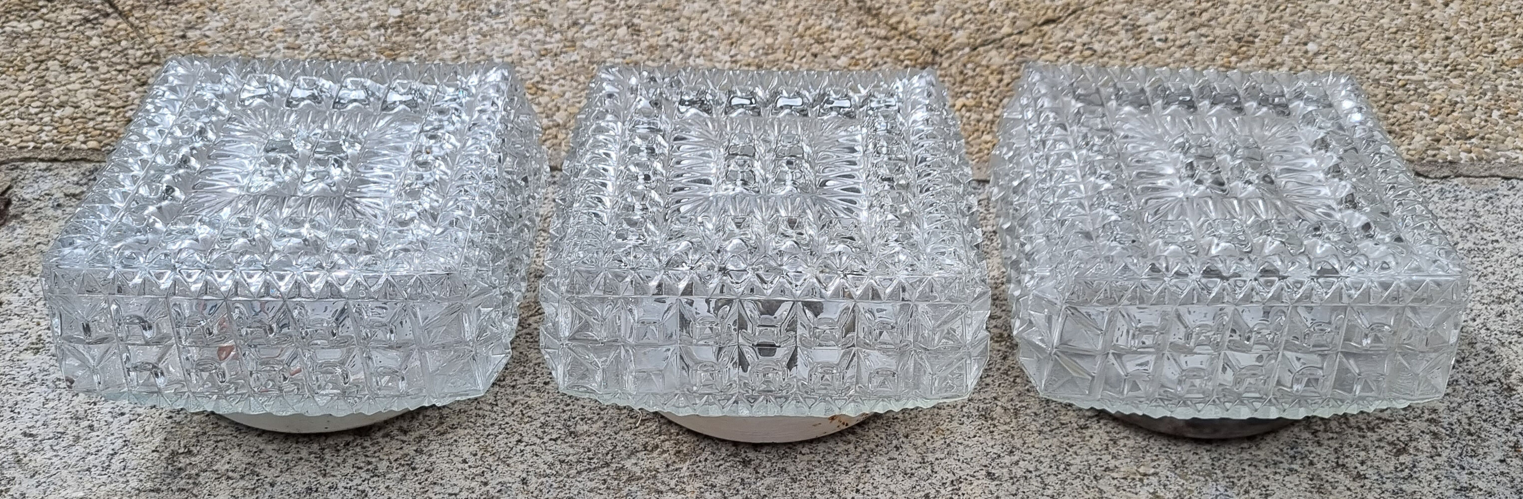 Three square ceiling lights, glass, vintage, 50s