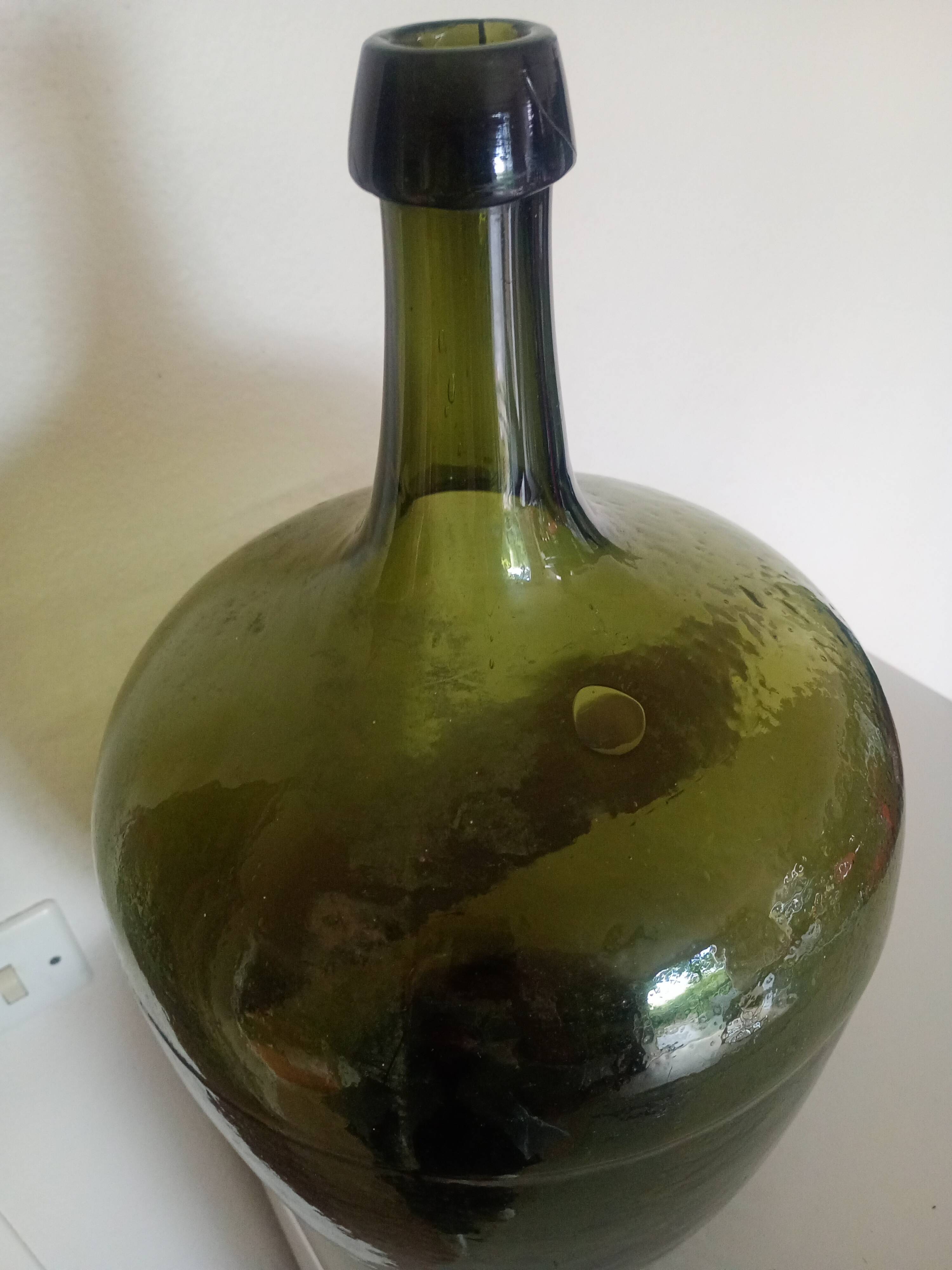 Dame-Jeanne Bonbonne ancienne verte 45cm Alsace - éclat col