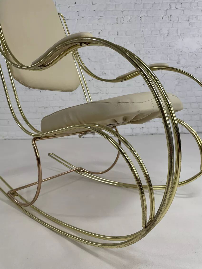 60s rocking chair in brass and ecru faux leather