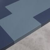Design wooden coffee table with blue and grey patterns on pins feet