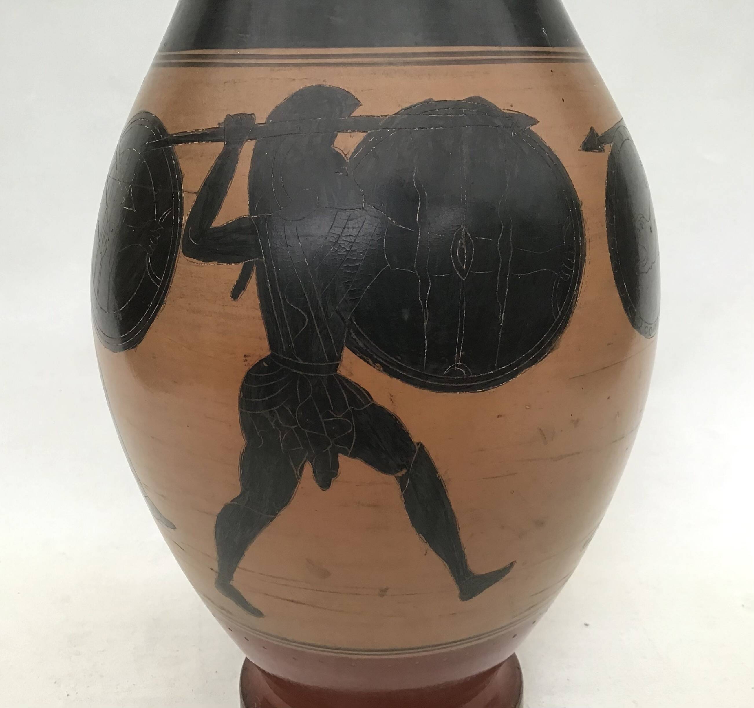 Reproduction of a Greek Attic-style black-figure vase depicting warriors
