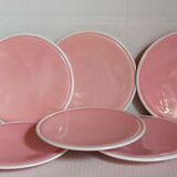 Six old pink earthenware dessert plates