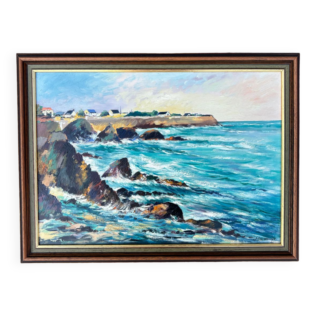 Tableau Huile Sur Toile École Bretonne - Marine, Bord De Mer Bretagne - Signé - Encadré