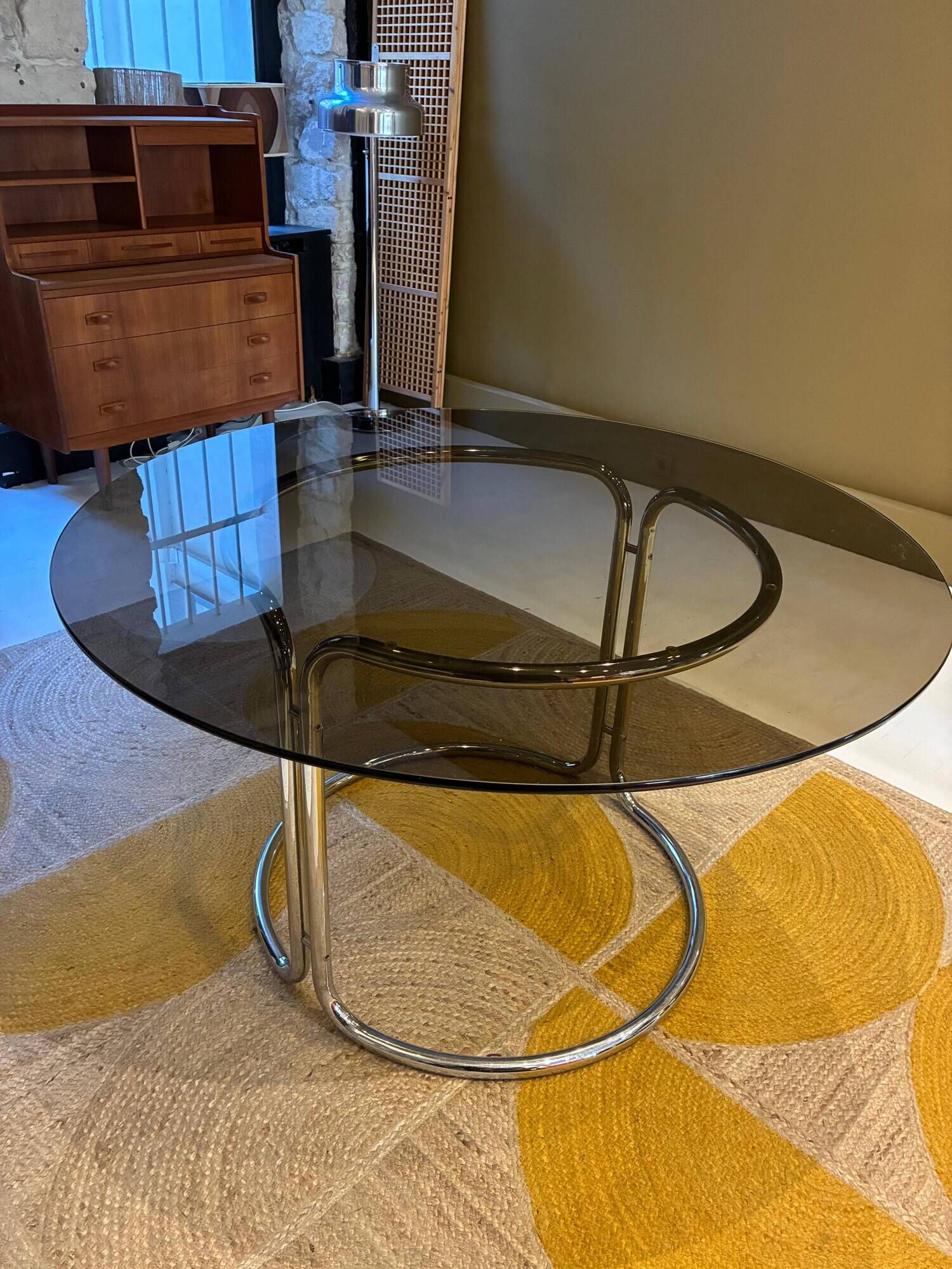 Smoked glass and chrome table, 1970.