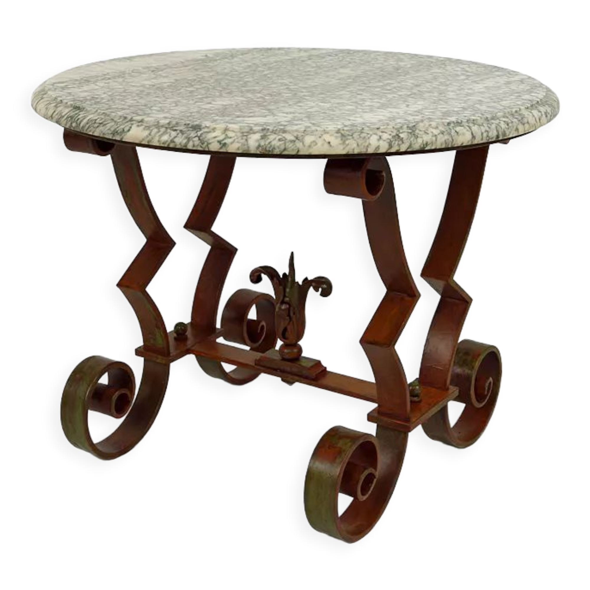 Art Deco round pedestal table in marble and wrought iron, circa 1940