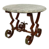 Art Deco round pedestal table in marble and wrought iron, circa 1940
