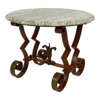 Art Deco round pedestal table in marble and wrought iron, circa 1940