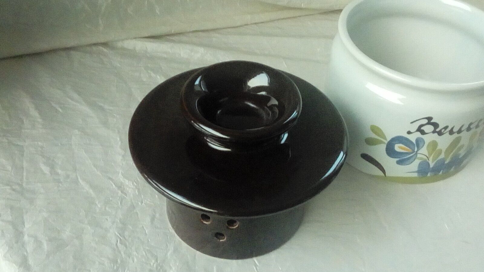 Water butter dish in faiece desvres gabriel fourmaintreau decor chaumiere