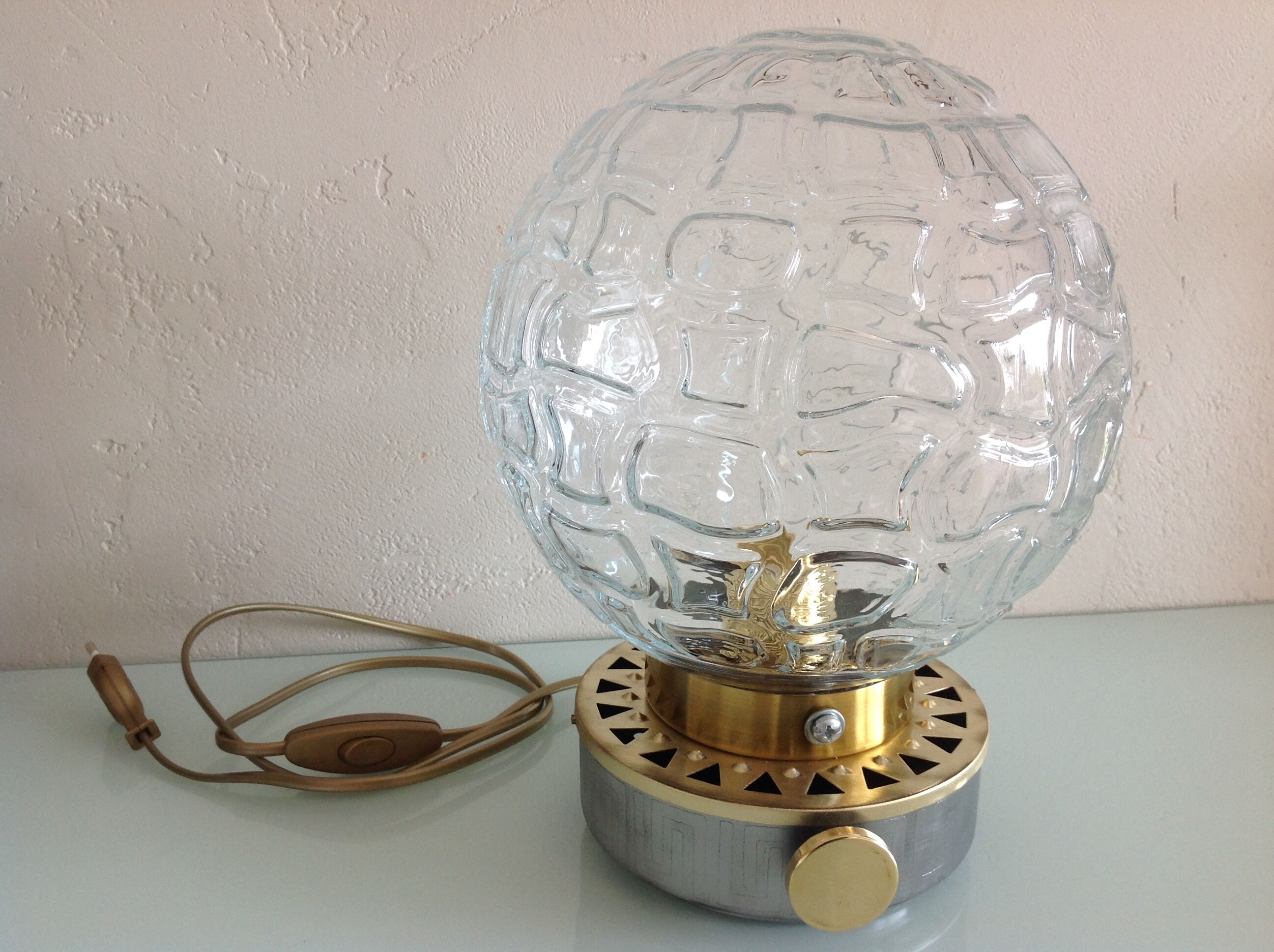 Structured glass globe lamp and metal-brass/ vintage 60s and 70s base