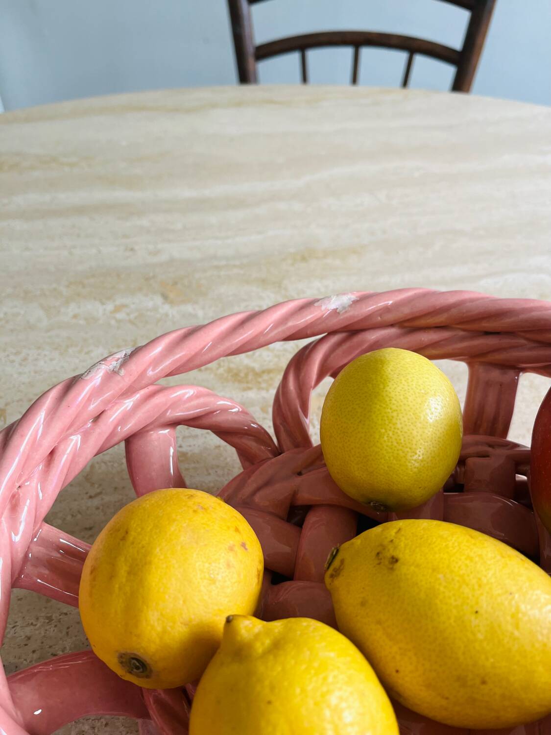 Vintage pink woven ceramic fruit basket