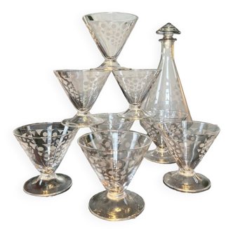 Art deco glasses and bottle - digestive liqueur bar service - frosted glass