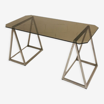 Stainless steel and glass trestle desk, 1970