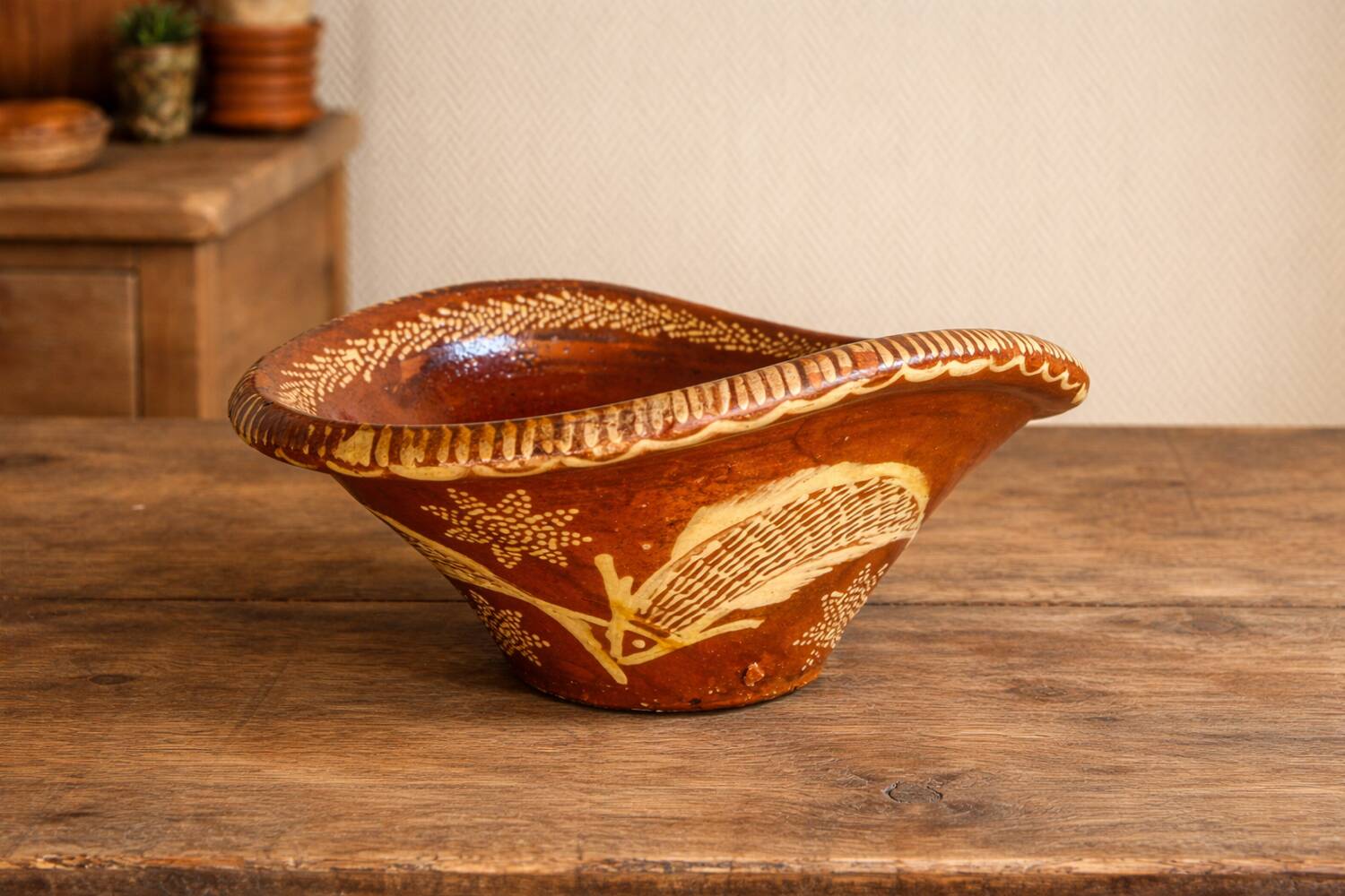 Old glazed terracotta plate, Portuguese craftsmanship.