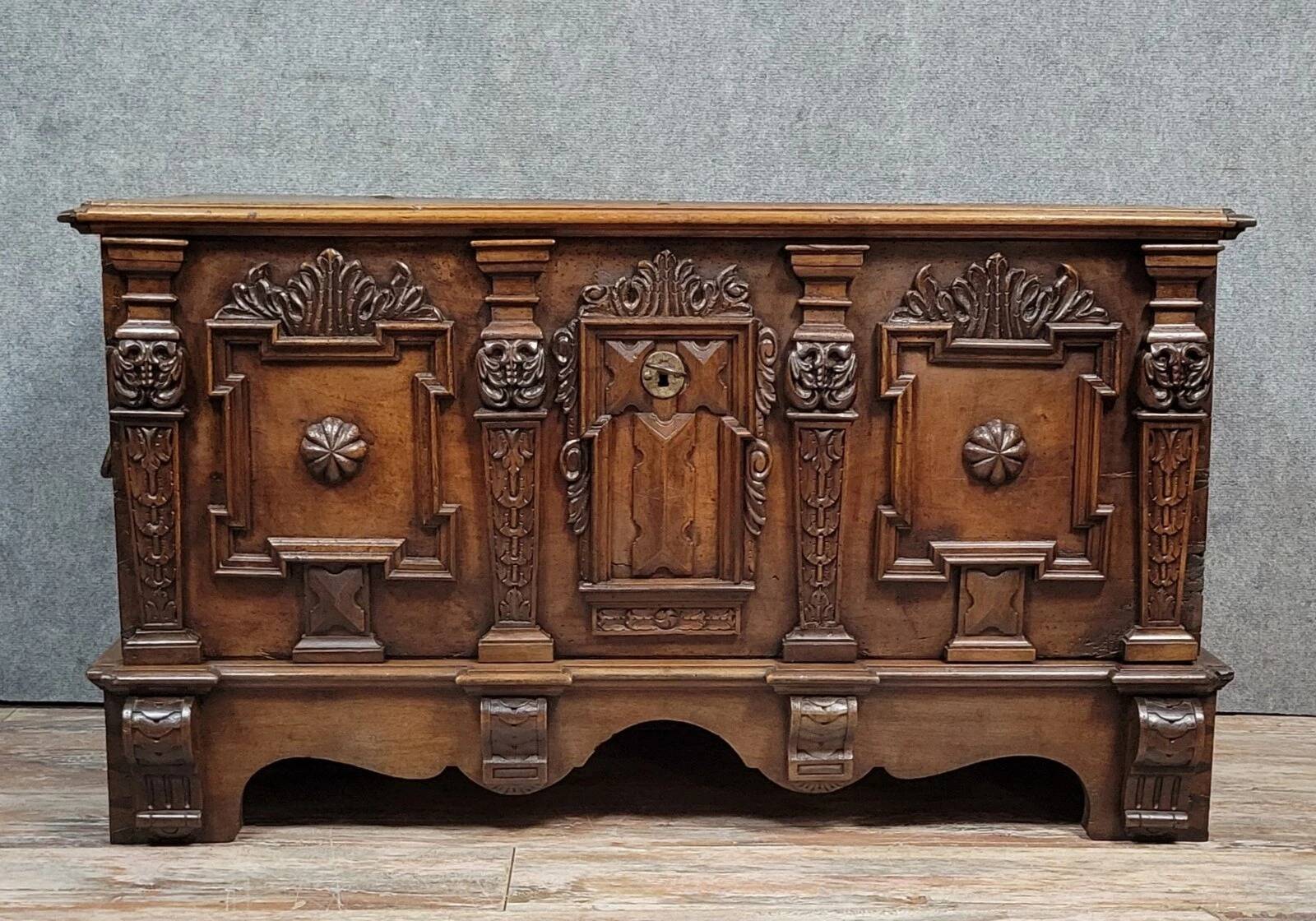 Walnut chest with rich Renaissance-style carvings, 17th century